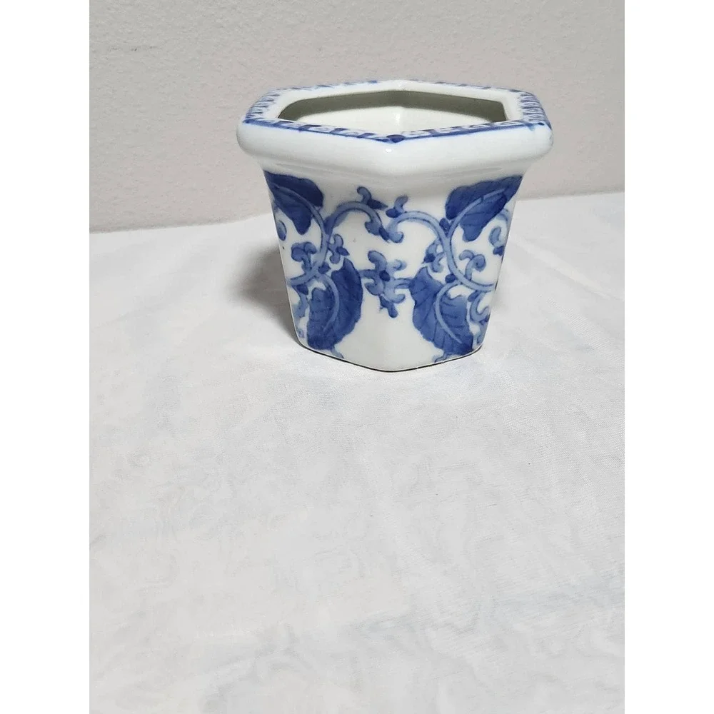 Blue and White Ceramic Hexagonal Planter Floral Chinoiserie Mini Succulent Pot